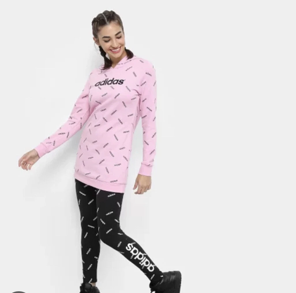 Adidas Women's Allover Print Graphic Hooded Sweatshirt, True Pink SMALL