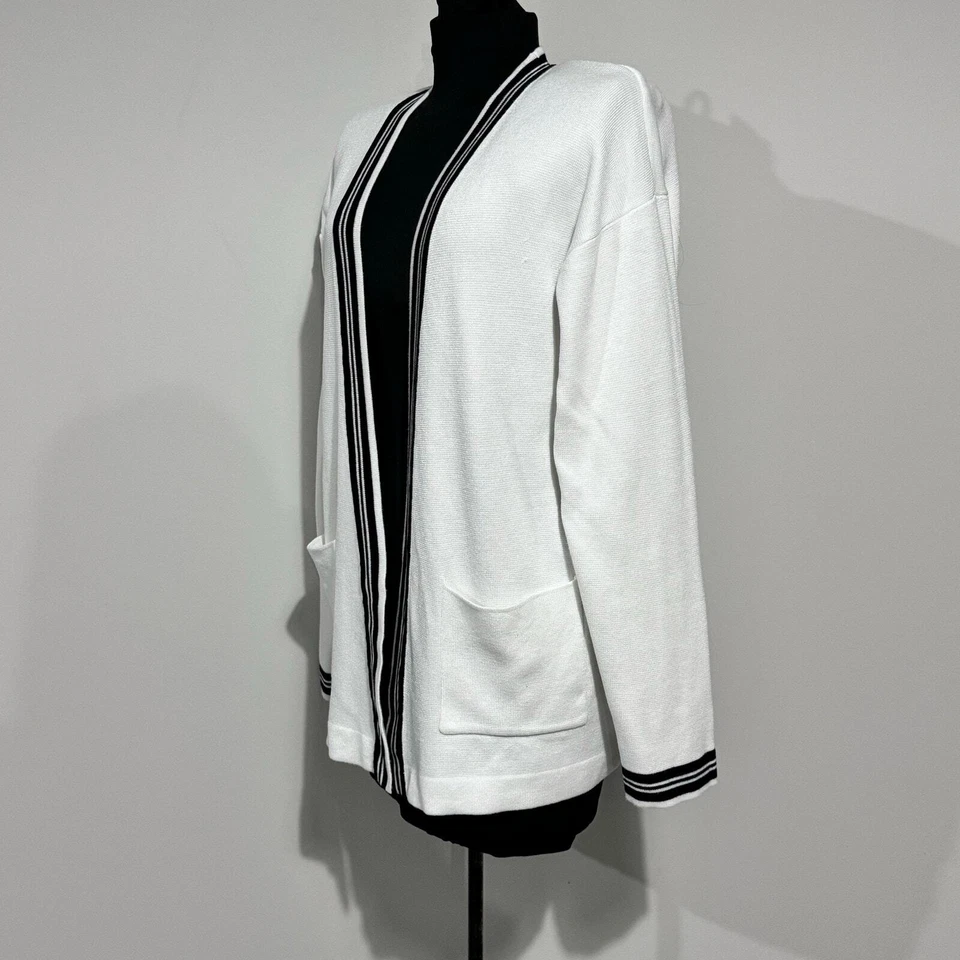 Cárdigan abierto IZOD talla mediana blanco marfil crema negro rayas folclore preppy Foto 4 de 4