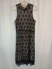Sweet Sinammon Beaded Black Lace Dress With Nude Lining Size M Midi Halter