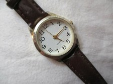 Wristwatch Brown Buckle Band Round White Face Silver Tone Minimalist