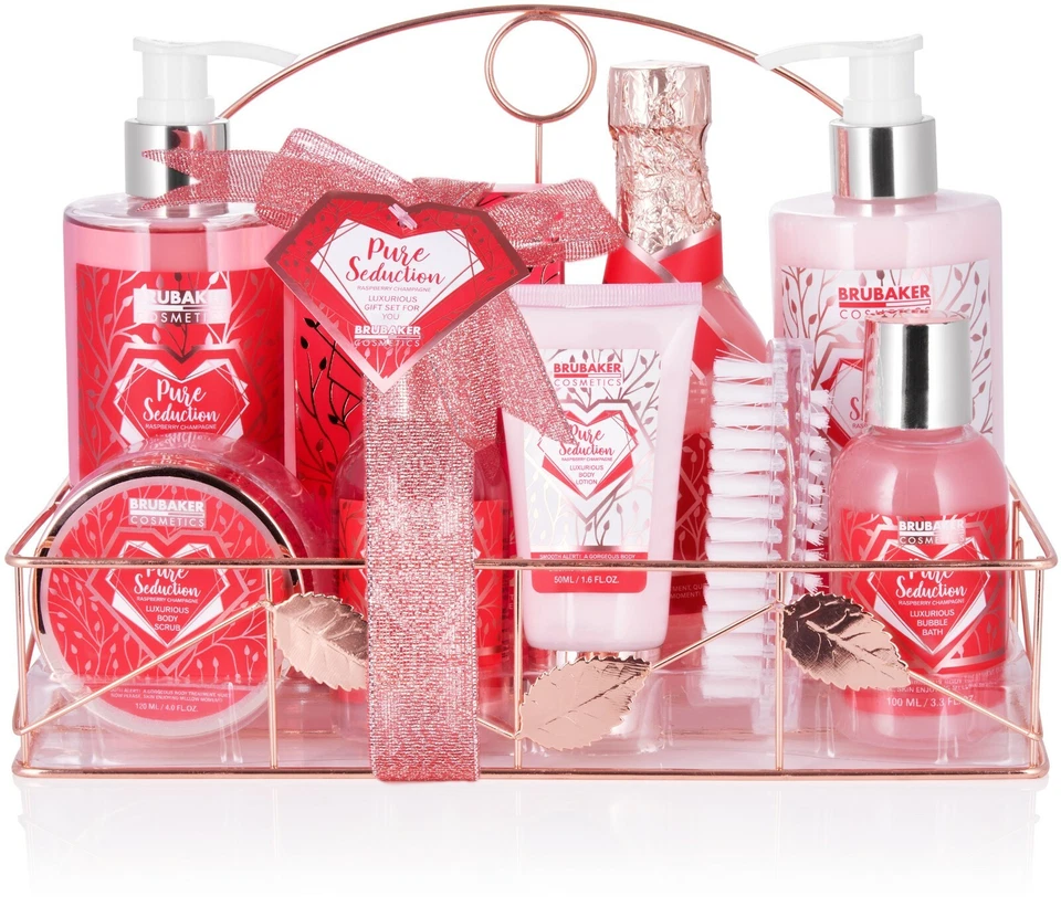 BRUBAKER 6 Pcs Womens Ladies Gift Set Raspberry Champagne Spa in Wire Basket - Image 2 of 4