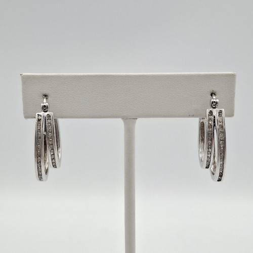 925 Sterling Silver Round Diamond Accent Oval Double Hoop Illusion Earrings - Picture 2 of 11