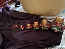 Burgandy Russian nesting dolls floral hand-painted design signed 8 dolls