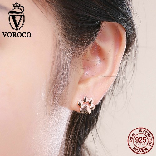 Voroco Dog Paw 925 Sterling Silver Footprint Ear Stud Earrings Women Gift W/ Box - Picture 8 of 13