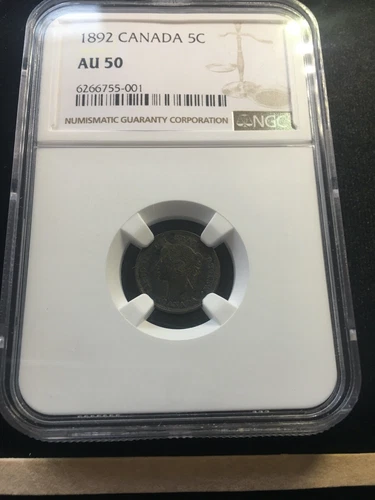 1892  (Obv.#2) NGC Graded Canadian,  Small Silver Five  Cent, **AU-50** #001