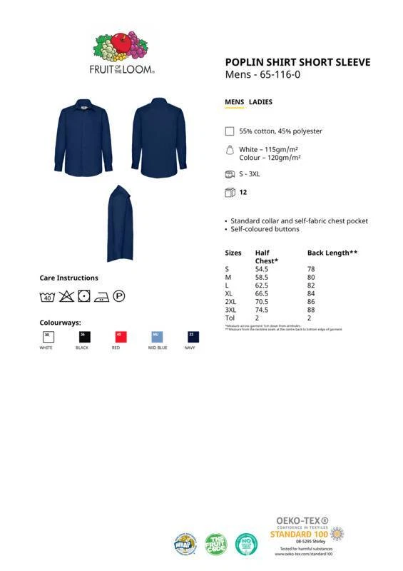 Camisa de popelina manga corta Fruit of the Loom para hombre ropa de trabajo formal Foto 2 de 2