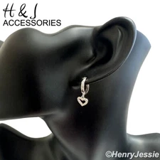 WOMEN REAL 925 STERLING SILVER ICY CZ 3D HEART DANGLE HUGGIE HOOP EARRING*AE250