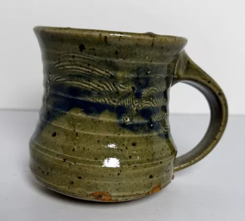 Hand Thrown Wide Bottom Coffee Mug Tea Cup Studio Pottery Tan/Blue Signed