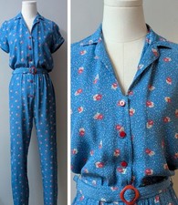 Vintage Neiman Marcus Jane Schaffhausen Belle France Rayon Jumpsuit Blue Red S