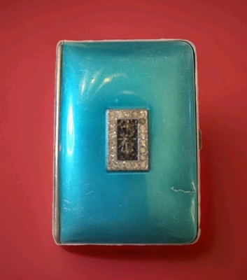ART DECO LADIES MAKE-UP COMPACT BY MONDAINE PARIS NY ELECTRIC BLUE W/RHINESTONES