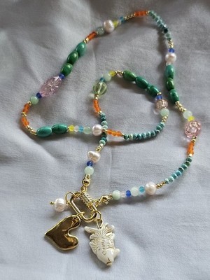 Artisan Made Turquoise Pearl Jade Glass Goldtone Beaded 19'' Charm Necklace Fish
