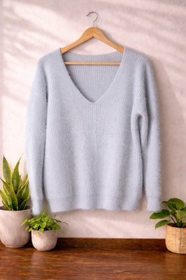 AKIRA Fuzzy V-Neck Sweater M/L Light Blue Soft Knit Pullover