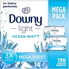 Downy Light Mega Dryer Sheets Fabric Softener Dryer Sheets Ocean Mist 130 Count