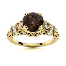 Round Smoky Quartz 925 Sterling Silver Gold Plated Solitare With Accents Ring