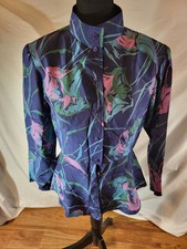 Vintage Monlisa Fashion Silk Peplum Floral Blouse Size Small Blue
