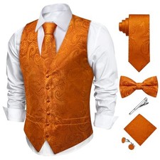 Men's Silk Paisley Vest and Necktie Set 6PCS Pre-tied Bow Tie X-Large Orange