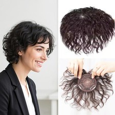 Short Natural Brown Curly Mono Human Hair Clip in Topper Hair Piece For Women