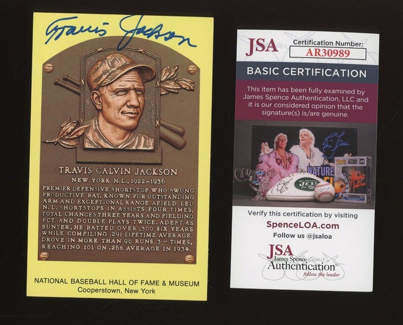 Travis Jackson Autographed Gold HOF Plaque Postcard...JSA Authenticated!!