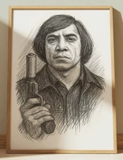 NO COUNTRY FOR OLD MEN JAVIER BARDEM DRAWING PRINT PORTRAIT SKETCH 8" x 10"