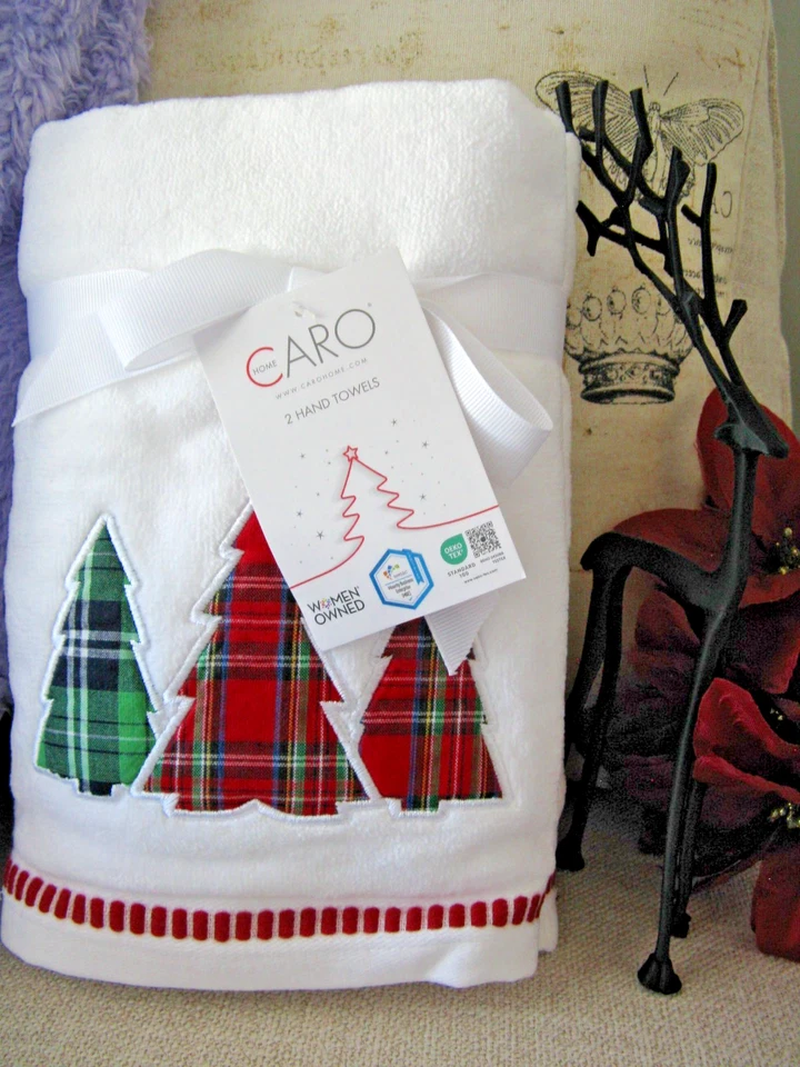 Nuevo Juego de 2 toallas de mano de baño de algodón bordadas árboles de Navidad CARO Foto 2 de 4
