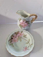 Lefton China Heritage Green/Pink Pitcher & Bowl - Hand Painted Vintage 1989 7251