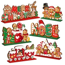6 Pcs Christmas Gingerbread Wooden Table Decorations Holiday Noel Merry Chris...