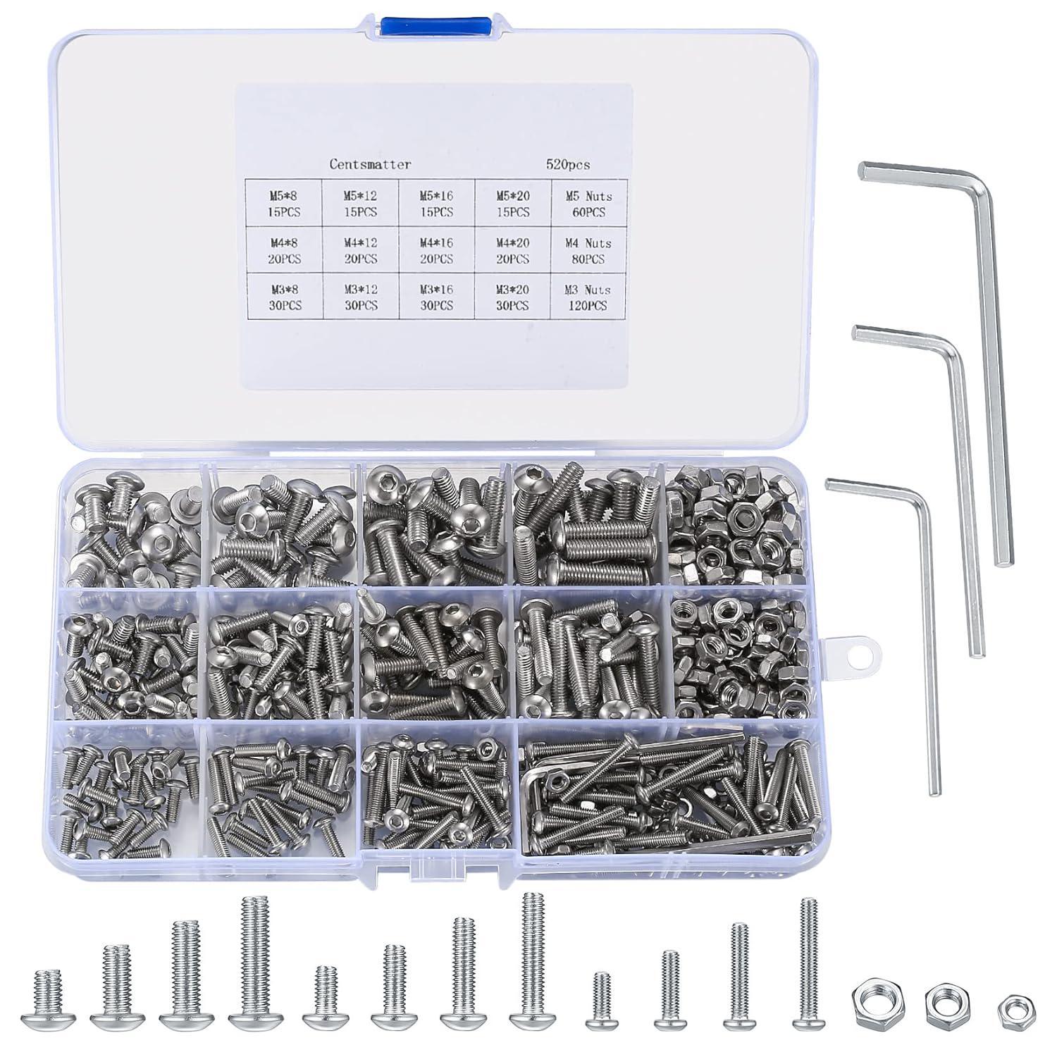 520 Pcs Nuts and Bolts Set, M3 M4 M5 Stainless Steel Hex Socket Button Head and