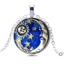 Fashion Sun Moon Stars Cabochon Glass Blue Silvery Chain Pendant Necklace Gift