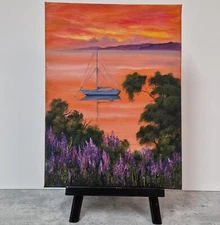 Mediterranean Oil Seascape Sunset Painting Bay with Boat and Trees Wall ART