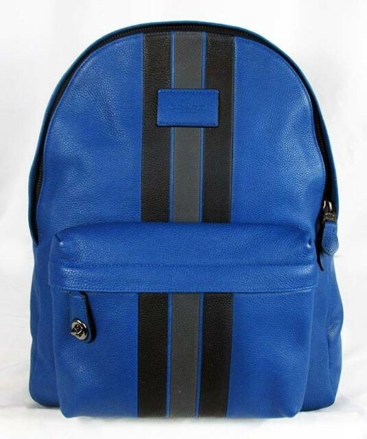 Coach Varsity Stripe Blue Pebble Leather Authentic Backpack Brand New