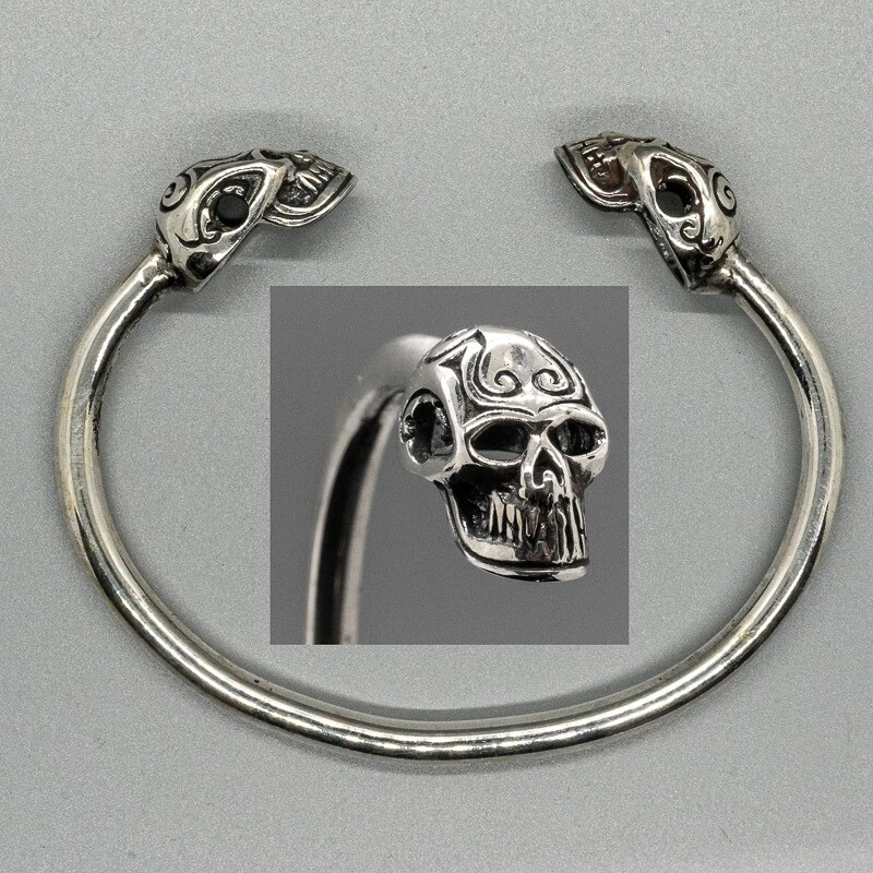 Skull Torc .925 silver bangle biker viking arm ring mjolnir thor odin pagan