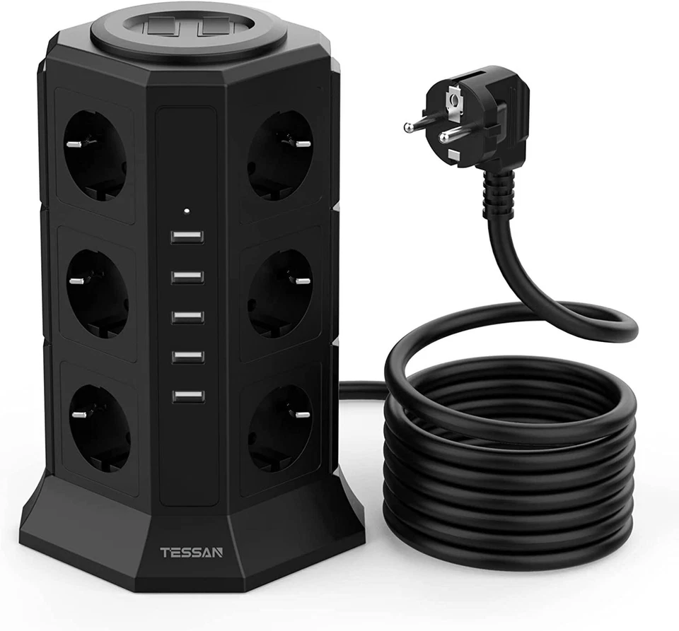 TESSAN 12 Fach Steckdosenleiste Mehrfachsteckdose Überspannungsschutz mit 5 USB 2M Kabe