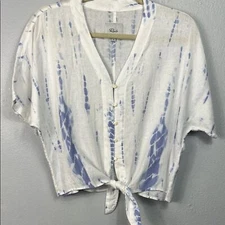 Rails Linen Blend Button Front Blue & White Tie Dye Tie Hem Crop Blouse XS