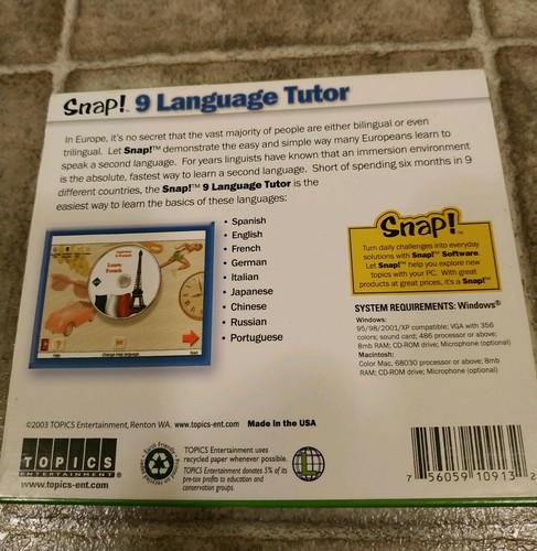 Snap 9 Idiomas Tutor CD ROM Windows/Mac B379 Español Alemán Japonés Francés - Imagen 2 de 2