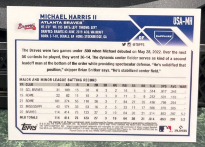 Michael Harris II 2023 Topps Chrome Update Sapphire Autograph Auto