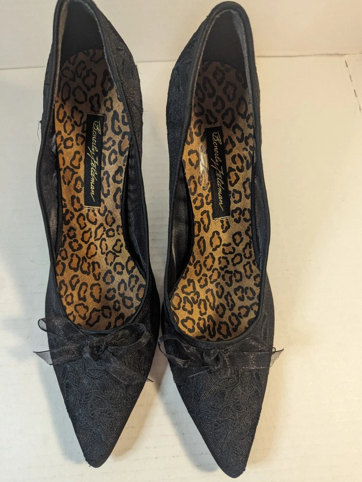 BEVERLY FELDMAN Black Mesh PUMP 3" HEELS SIZE 8.5 Bow Pointed Toes Vintage - Image 4 of 4