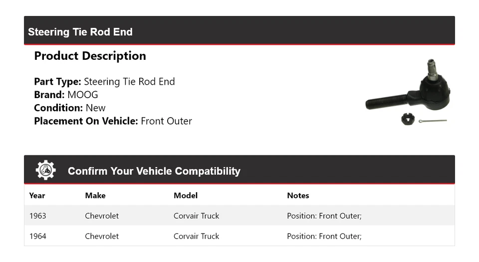 Barra de dirección exterior delantera MOOG para camioneta Chevrolet Corvair 1963-1964 Foto 2 de 4