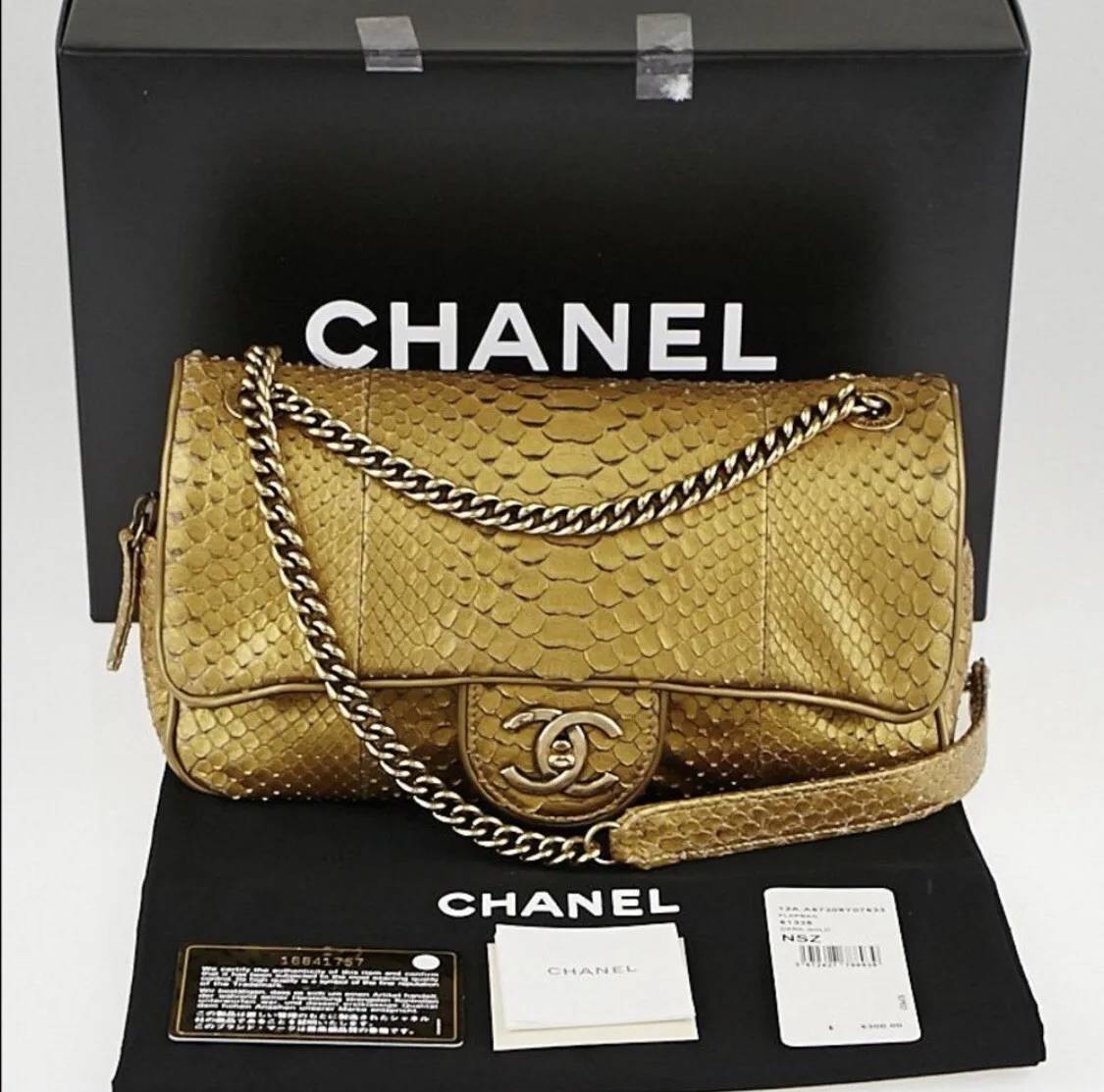 100% Authentic CHANEL Gold Python Leather Medium Shiva Flap Bag