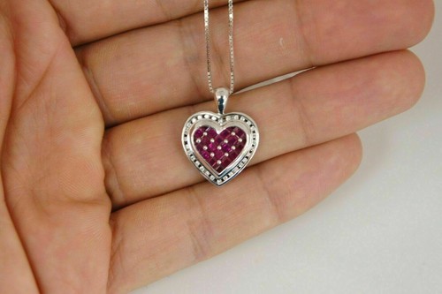 Colgante de corazón diamante rubí diamante diamante rubí rojo cadena de 18" de 2 quilates acabado oro blanco de 14 quilates - Imagen 2 de 4