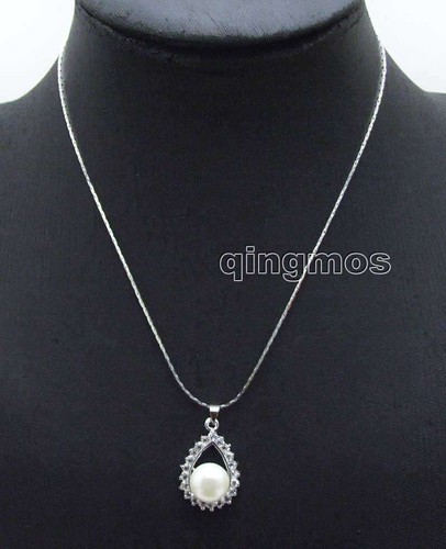 10-11mm White Flat Round natural Pearl 18*26mm Drop Pendant 17" necklace-6135 - Picture 3 of 7