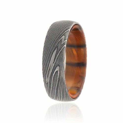 Anello in acciaio damascato largo 7 mm nuovo con manico in legno di tigre - Foto 2 di 4