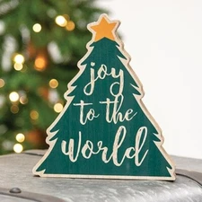 JOY TO THE WORLD Wood Tree Chunky Shelf Sitter Distressed Christmas NEW