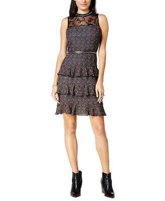 Glam by Glamorous Women Dress Lace Yoke Ruffle Tiered Dress Black Printed L