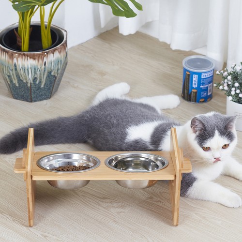 Bamboo 4 Level Adjustable Raised Pet Bowls Dog Bowl Station Elevated Food Stand - Picture 6 of 12