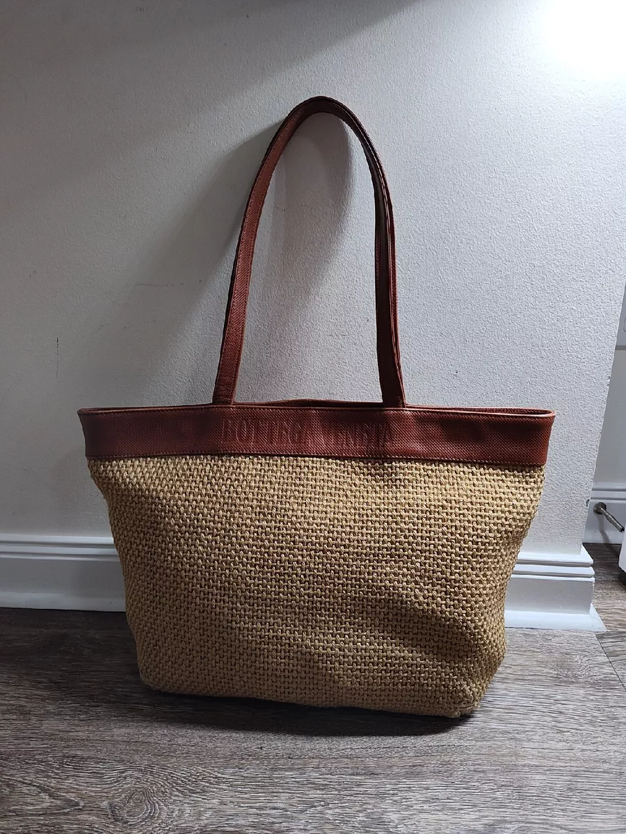 Bottega Veneta Marco Polo Trimmed Straw Tote Leather Trim SPELLOUT Bottega Veneta Marco Polo Trimmed Straw Tote Leather Trim SPELLOUT