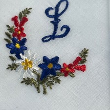 Vintage Tawa Handkerchief Embroidered Letter L NEW Greetings from Switzerland
