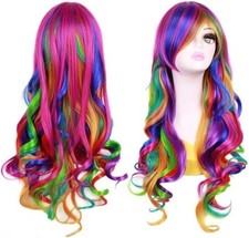 NEW Women's Girl's Long Curly Wavy Rainbow Wig 27.5" Colorful Anime Cosplay