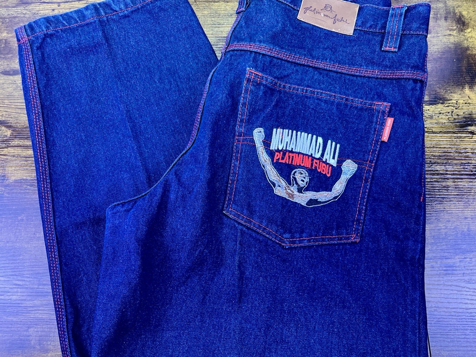 Vintage FUBU Muhammad Ali Jeans Platinum 38x32 Stitched Y2K Straight Leg Baggy