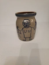 Vintage BBP Beaumont Brothers Pottery Blue Woman & Kids 5.5” Salt Glazed Crock