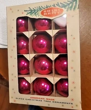 Vtg Shiny Brite 1 3/4" Mini Glass Christmas Tree Ornament Box 12 Balls 134 Pink